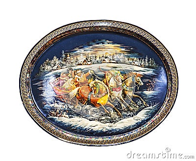 Zhostovo painting, old russian folk handicraft of painting on metal trays. Winter landscape with a Russian Troika. Editorial Stock Photo