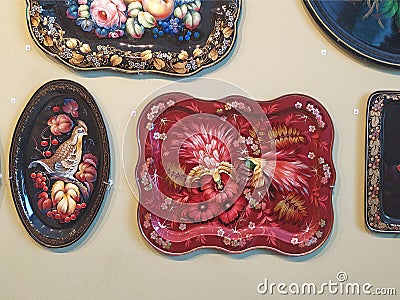 Zhostovo painted tray in Zhostovo factory shop, Moscow Region Editorial Stock Photo