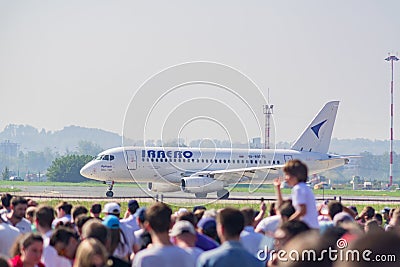 ZHUKOVSKY, MOSCOW REGION, RUSSIA - AUGUST 31, 2019: Supejet 100 on a runway at the airpot Zhukovskiy in Moscow Region Editorial Stock Photo