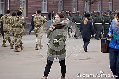 Zhytomyr, Ukraine - February 26, 2016: Girl on Military military parade, rows of soldiers Editorial Stock Photo