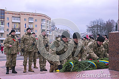 Zhytomyr, Ukraine - February 26, 2016: Military military parade, rows of soldiers Editorial Stock Photo