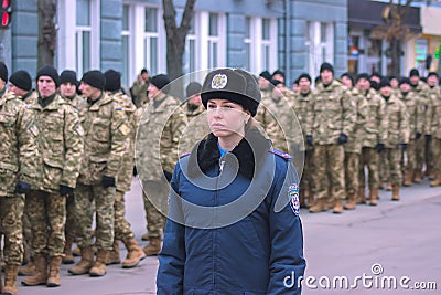 Zhytomyr, Ukraine - February 26, 2016: Military military parade, rows of soldiers Editorial Stock Photo