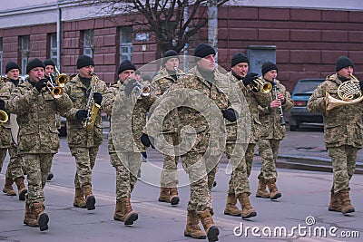 Zhytomyr, Ukraine - February 26, 2016: Military military parade, rows of soldiers Editorial Stock Photo