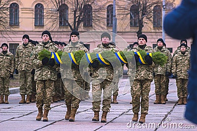 Zhytomyr, Ukraine - February 26, 2016: Military military parade, rows of soldiers Editorial Stock Photo