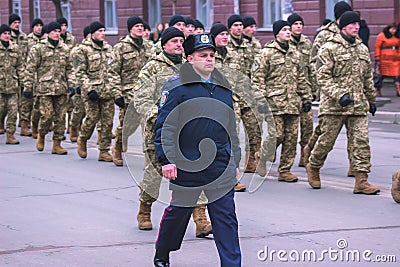 Zhytomyr, Ukraine - February 26, 2016: Military military parade, rows of soldiers Editorial Stock Photo