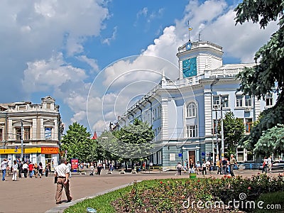 ZHYTOMYR, UKRAINE. View of the mayor`s office and Mikhaylovskaya Street Editorial Stock Photo