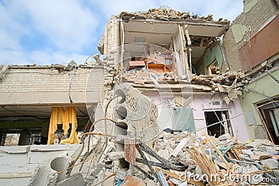 Zhytomyr, Ukraine - March 16, 2022: consequences of the bomb dropped at school. Editorial Stock Photo