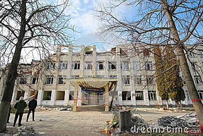 Zhytomyr, Ukraine - March 16, 2022: Damaged school in ukrainian city Zhytomyr Editorial Stock Photo