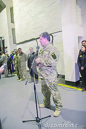 ZHYTOMYR, UKRAINE - Oct 10, 2014: President Petro Poroshenko took part in opening tank factory Editorial Stock Photo