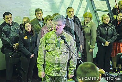 ZHYTOMYR, UKRAINE - Oct 10, 2014: President Petro Poroshenko took part in opening tank factory Editorial Stock Photo