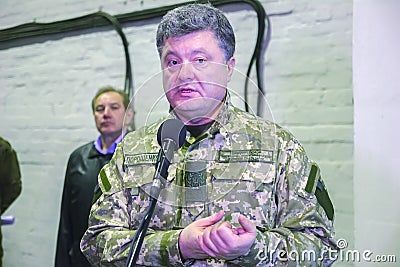 ZHYTOMYR, UKRAINE - Oct 10, 2014: President Petro Poroshenko took part in opening tank factory Editorial Stock Photo