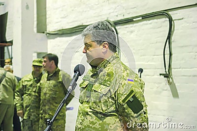 ZHYTOMYR, UKRAINE - Oct 10, 2014: President Petro Poroshenko took part in opening tank factory Editorial Stock Photo