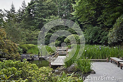 Zig Zag Bridge at Japanese Garden Stock Photo