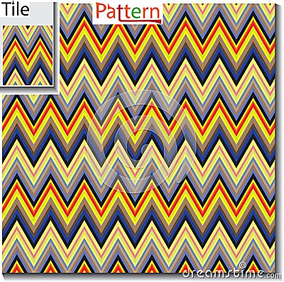 Zigzag and stripe line tile with sample pattern. Vector illustration for tribal design with abstract colors. For Vector Illustration