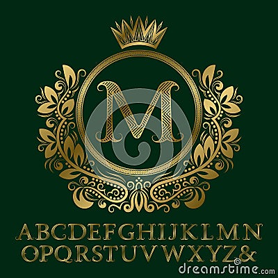 Zigzag striped gold letters and initial monogram in coat of arms form with crown. Elegant font and elements kit for logo Vector Illustration