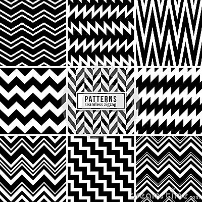 Zigzag vector patterns. Black and white regular striped geometric textures Vector Illustration