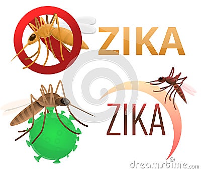 Zika virus icons set, cartoon style Vector Illustration