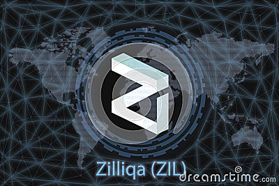 Zilliqa ZIL Abstract Cryptocurrency. With a dark background and a world map. Graphic concept for your design Stock Photo