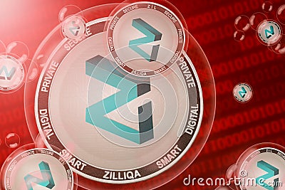Zilliqa ZIL crash, bubble. Zilliqa ZIL cryptocurrency coins in a bubbles on the binary code background Editorial Stock Photo
