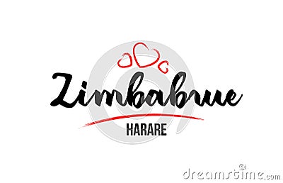 Zimbabwe country with red love heart and its capital Harare creative typography logo design Vector Illustration