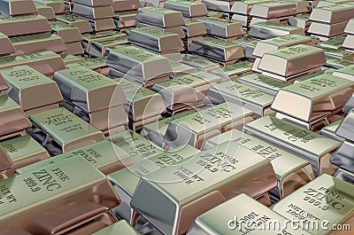 Zinc ingots, bars background. 3D rendering Stock Photo