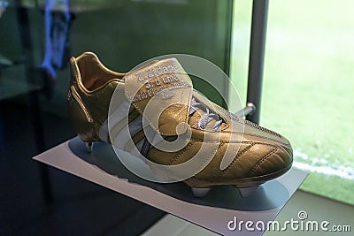 Zinedine Zidane`s football boots on display in 3-2-1 Qatar Olympic and Sports Museum. Editorial Stock Photo