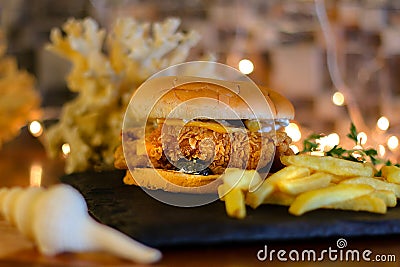 Zinger Burger With French Fries Stock Photo