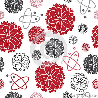 Zinnia Garden-Flowers in Bloom seamless repeat pattern Background in Grey and Red Vector Illustration