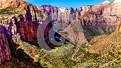Zion Canyon, with the hairpin curves of the Zion-Mount Carmel Highway in Zion National Park, Utah Stock Photo
