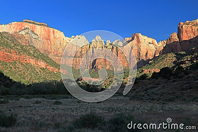 Zion Canyon at Towers of the Virgin in Morning Light, Zion National Park, Utah Stock Photo