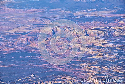 Zions National Park in Utah, Aerial view from airplane of abstract Landscapes, peaks and canyons by Saint George, United States of Stock Photo