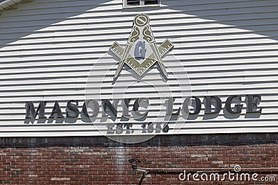 Masonic Lodge with Masonic Square and Compasses, also known as a Freemasons Lodge Editorial Stock Photo