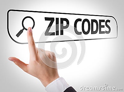 Zip Codes written in search bar on virtual screen Stock Photo