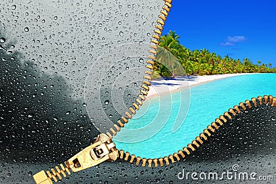 Zip for conceptual weather change transition season from cold and rain to summer and tropical sea and beach Stock Photo