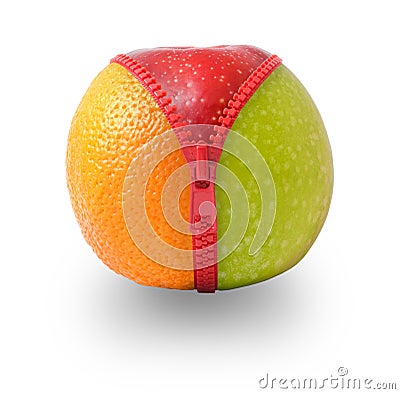 Zip fastening apple to orange Stock Photo