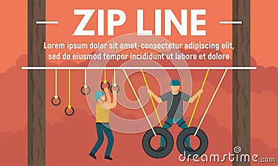 Zip line concept banner, flat style Vector Illustration