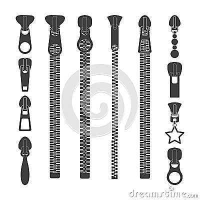 Zip pull icons. Zipper black silhouettes, closed and open zip lock stock collection, various forms textile and fabric Stock Photo