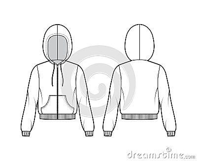 Zip-up Hoody sweatshirt technical fashion illustration with long sleeves, kangaroo pouch, knit rib cuff, banded hem Vector Illustration