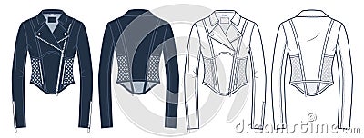 Zip Up Leather Jacket technical fashion illustration. Biker Jacket fashion flat technical drawing template, corset, cutouts Vector Illustration