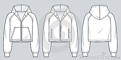 Zip-up Raglan sleeve Hoodie technical fashion illustration. Hooded Sweatshirt fashion flat technical drawing template Vector Illustration