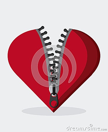 Zip zipper heart cloth metal teeth icon. Vector Illustration