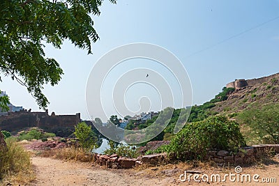 Zipline tourist flying over Rao Jodha Desert Rock Park. Stock Photo