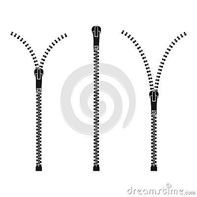 Zipper isolated on white background, Clothes zips, split cloth pulling zip, open or unzipped and close or zipper metal Vector Illustration