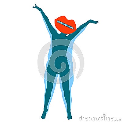 Zipper lock on the silhouette of red female lips in place of the head of female silhouettes, a slender girl and an overweight Vector Illustration