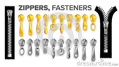 Zipper Set Vctor. Gold And Silver Zippers Pullers Connection. Metal, Plastic Garment Components. Closed And Opened Vector Illustration