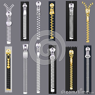 Zipper vector zip slide-fastener for clothing and closed metal fastener lock illustration set of unzip cloth accessory Vector Illustration