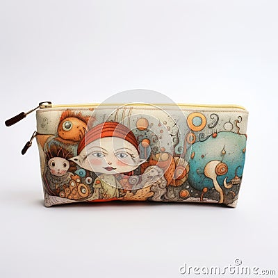 Dreamlike Whimsy: Hand-painted Pencil Case With Girl And Characters Cartoon Illustration