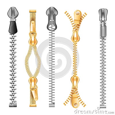 Zippers or fasteners isolated icons, pullers or tailor buckles Vector Illustration