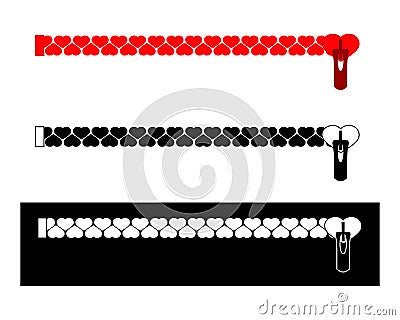 Zippers with hearts. Set of different silhouettes. Isolated illustrations, icons on a white background. Vector Illustration