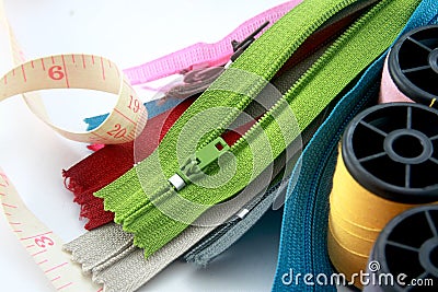 Zippers with sewing accessories Stock Photo